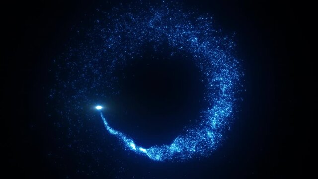 Bright flying sparks of particles, spinning in a circle, follow the flashing star.