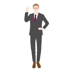 Illustration of a businessman  wearing glasses with his index finger raised (white background, vector, cut out)