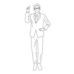 Illustration of a businessman  wearing glasses with his index finger raised (white background, vector, cut out)