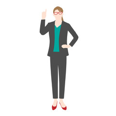 Illustration of a businesswoman wearing glasses with her index finger raised (white background, vector, cut out)
