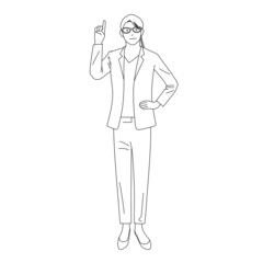 Illustration of a businesswoman wearing glasses with her index finger raised (white background, vector, cut out)
