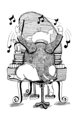Graphic hand-drawn sketch on the theme of Musicians, funny pig playing the piano