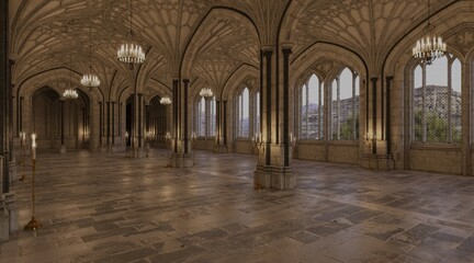 Fantasy medieval great hall in the castle 3d illustration © max79im