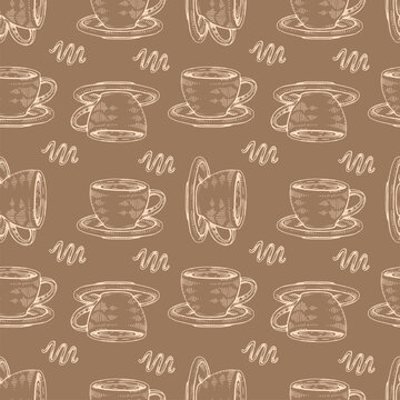Detailed hand-drawn sketch coffee cups on the brown background.