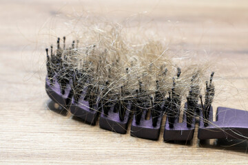 A lot of hair on the comb, hair loss, close-up.