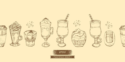 Hand drawn images of coffee drinks and desserts.