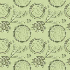 Hand-drawn seamless pattern matcha drinks and leaves.