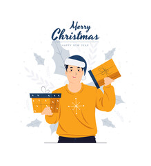 A Man with santa hat holding gift, present, and celebrate christmas new year concept illustration