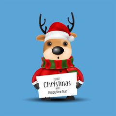 Fototapeta na wymiar Cute Christmas Greeting Card, With Reindeer wear Santa Claus, vector illustration.
