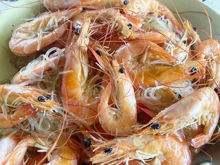 closeup shrimp boiled on table