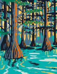 WPA poster art of Caddo Lake State Park with bald cypress trees on lake and bayou in Harrison and Marion County East Texas, United States of America USA done in works project administration style.
 - 474121925