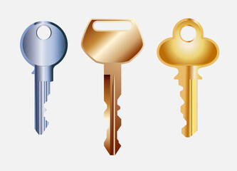realistic keys in gold and silver keychain 

isolated on white background, different types 

of keys, keychain with metal keys, kinds of 

door locks.
