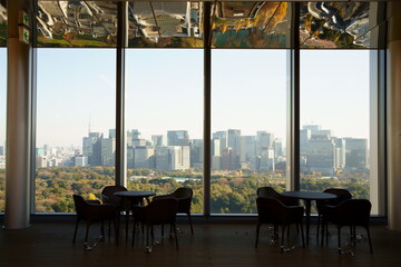 From one of skyscrapers in Tokyo to view the toll office buildings over the green in Autumn with relax at the roof top garden