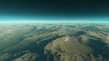 Fototapeta premium beautiful view from an exoplanet, a view from an alien planet, a computer-generated surface, a fantastic view of an unknown world, a fantasy world 3D render