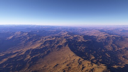 beautiful view from an exoplanet, a view from an alien planet, a computer-generated surface, a fantastic view of an unknown world, a fantasy world 3D render