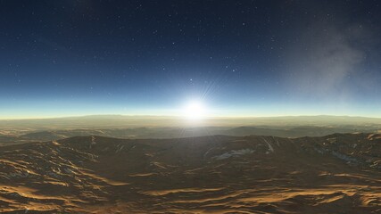 Obraz premium beautiful view from an exoplanet, a view from an alien planet, a computer-generated surface, a fantastic view of an unknown world, a fantasy world 3D render