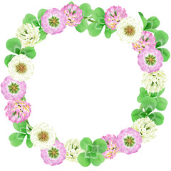 野の花・クローバーの花輪（水彩画）／Wreath of wild flowers and clover (watercolor painting)