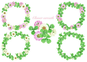 野の花・クローバーの花輪セット（水彩画）／Wildflower / clover wreath set (watercolor painting)