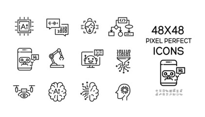 Artificial intelligence icons set. Big data, machine vision and learning, voice and face recognition. Pixel perfect, editable stroke