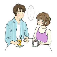 カフェでデート中に照れて沈黙する男女のカップル