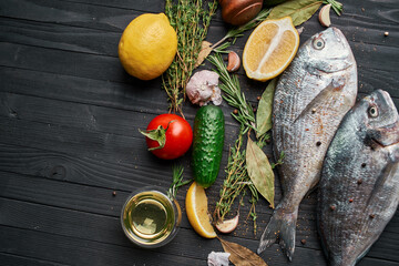 fresh fish ingredients wood board restaurant delicacy