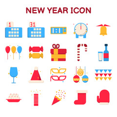 new year party icon, bright colored symbols on new year's eve festival, flat style, vector illustration isolated on white background.