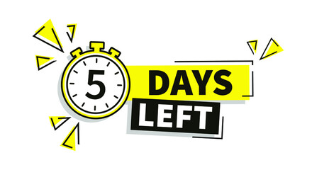 5 days left. Count timer icon. Vector emblem of 5 days left in flat style. Hour down icon with ribbon. Countdown label for sale, promotion. vector illustration