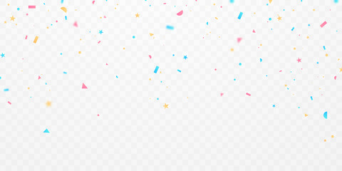 Celebration background template with confetti and colorful ribbons. - obrazy, fototapety, plakaty