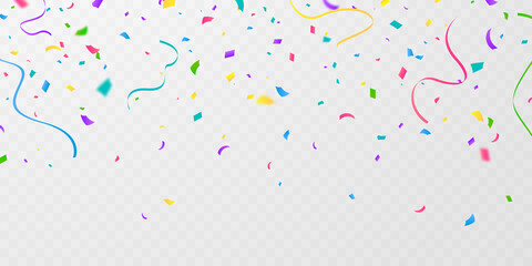 Celebration background template with confetti and colorful ribbons.