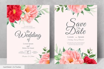 Beautiful Watercolor Floral Wedding Invitation Set with Hand Drawn Peony and Leaves