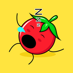 cute tomato character with sleep expression, lie down, close eyes and mouth open. green, red and yellow. suitable for emoticon, logo, mascot
