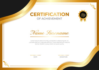 Certificate of achievement template with black, white and gold color. Trendy certificate design