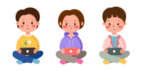 Cute children playing in a portable handheld console while sitting on the floor. Boy and girl set play video game on a pocket console. Asian cartoon style of gamers. Isolated vector illustration. © Takoyaki Shop