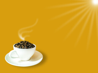 Side view. Dark brown coffee beans in white coffee cup and saucer, white smoke and lens flare, brown background.