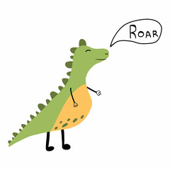 Vector illustration of cute dinosaur. Green roaring dinosaur.
