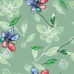 Watercolor seamless floral background. Trendy modern pattern with chamomile flower, flower petal, branch.leaves. Abstract splash of paint, beautiful spots. Background for fabric design.Stylish pattern
