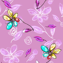 Watercolor seamless floral background. Trendy modern pattern with chamomile flower, flower petal, branch.leaves. Abstract splash of paint, beautiful spots. Background for fabric design.Stylish pattern