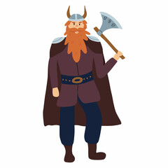 Vector illustration of viking man. Viking with an ax in his hand. Isolated on white background.
