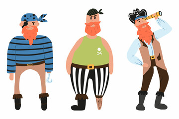 Vector set of cute pirate men. A set of three pirates. A pirate with hat and telescope with hook.