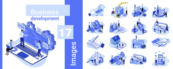 Fototapeta premium Business development.A set of illustrations in business style.A collection of images on the topic of business relations and technology.Flat vector illustration.