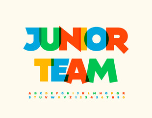 Vector bright Sign Junior Team. Modern Colorful Font for Kids. Ctrative Alphabet Letters and Numbers set