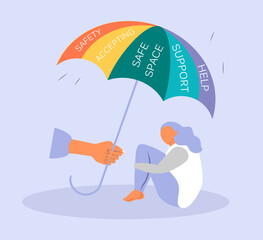 vector illustration on the theme of support, help with mental disorders. hand holds out to the sad girl a rainbow umbrella. trend illustration in flat style