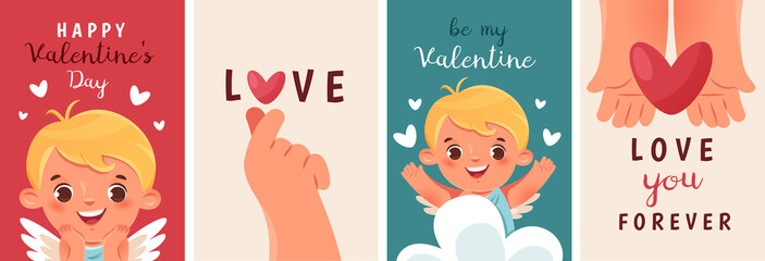 Cute posters for Valentine's Day. Funny cupid or angel, hands outstretched heart, hand love gestures.