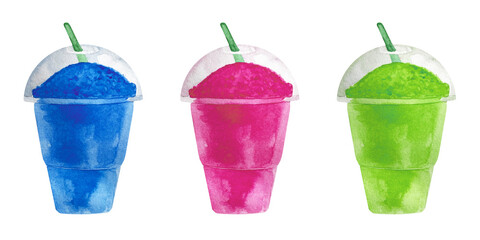Watercolor frosty ice raspberry, pink, blue and green berry smoothie slush in a clear plastic container with a straw.