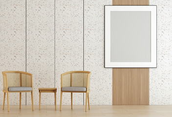 Home interior, modern living room interior, wooden empty wall and canvas frame mock up, 3d render 