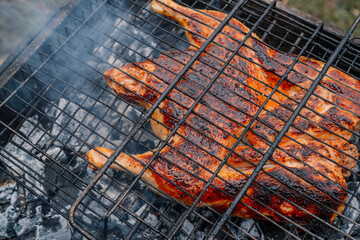 charcoal cooking grilled chicken brazier nature fresh air