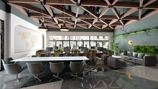 Eco-Friendly Open Plan Modern Office With Tables, Office Chairs, Meeting Table, Waiting Area And Creeper Plants