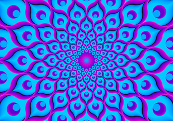 Blue flower from feathers of peacock. Flower blossom. Optical expansion illusion.