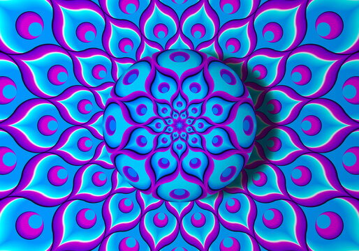 Blue background from feathers of peacock with growing sphere. Optical expansion illusion.