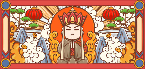 Hand drawn cartoon illustration of Monk Tang in journey to the West

